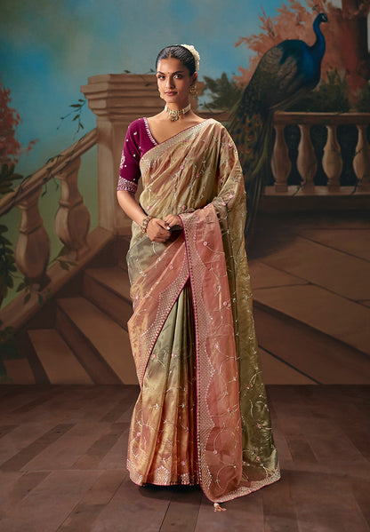 Monjolika Fashion Multicolor Fancy Fabric Saree With Embroidered Work
