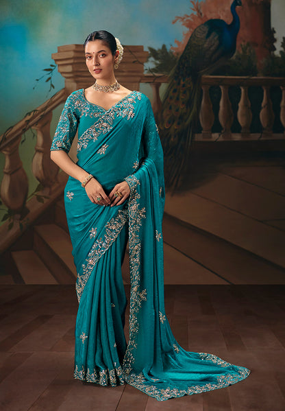 Monjolika Fashion Aqua Blue Fancy Fabric Saree With Embroidered Work