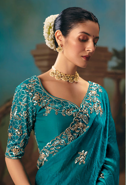 Monjolika Fashion Aqua Blue Fancy Fabric Saree With Embroidered Work