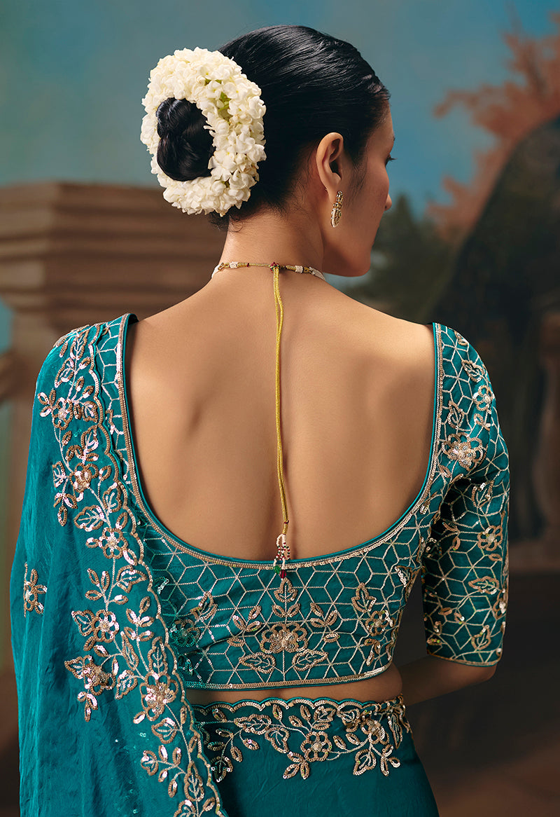 Monjolika Fashion Aqua Blue Fancy Fabric Saree With Embroidered Work
