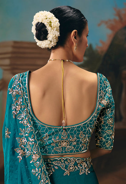 Monjolika Fashion Aqua Blue Fancy Fabric Saree With Embroidered Work