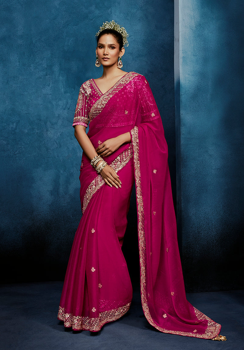 Monjolika Fashion Rani Pink Fancy Fabric Embroidered Saree With Stitched Blouse