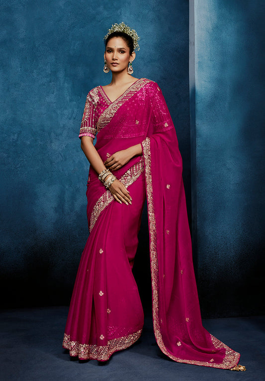 Monjolika Fashion Rani Pink Fancy Fabric Embroidered Saree With Stitched Blouse