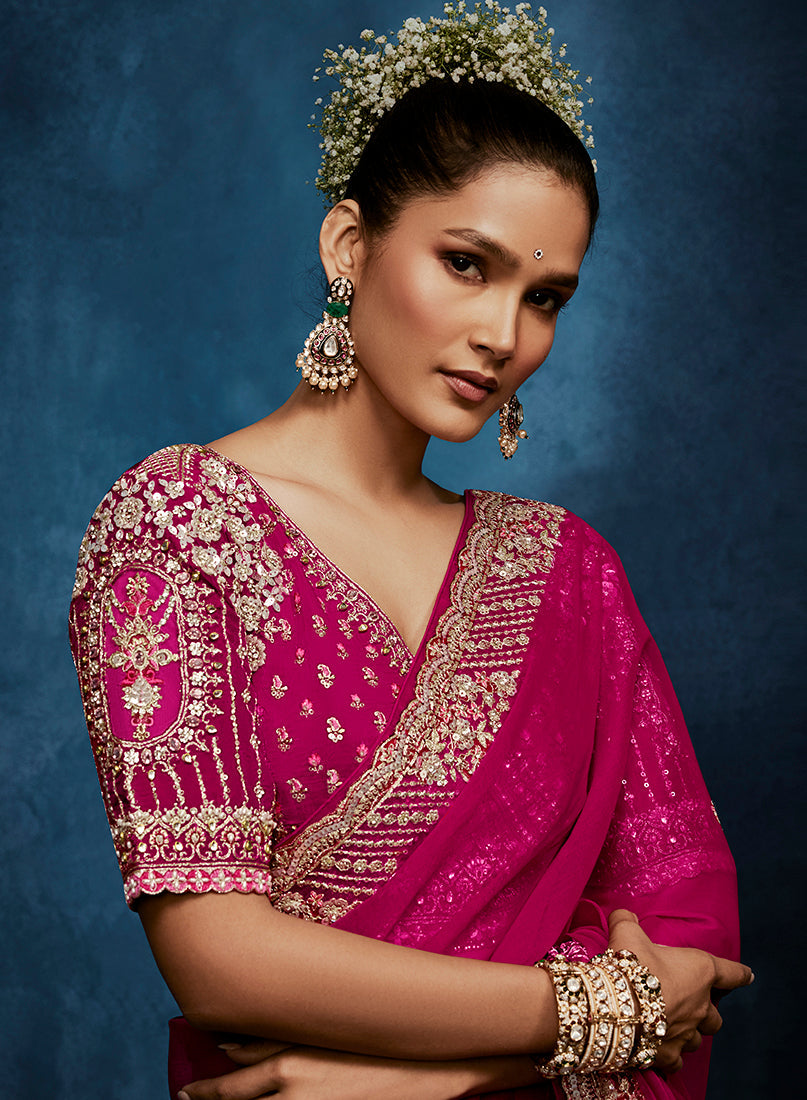 Monjolika Fashion Rani Pink Fancy Fabric Embroidered Saree With Stitched Blouse