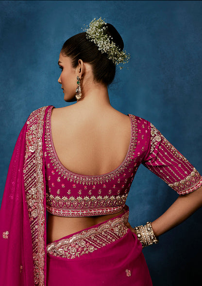 Monjolika Fashion Rani Pink Fancy Fabric Embroidered Saree With Stitched Blouse