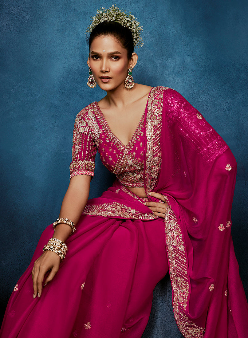 Monjolika Fashion Rani Pink Fancy Fabric Embroidered Saree With Stitched Blouse
