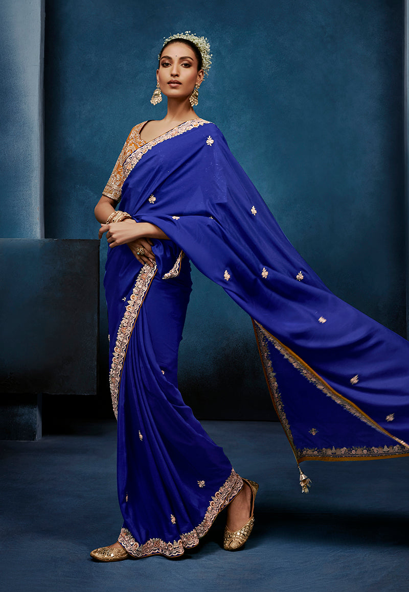 Monjolika Fashion Royal Blue Fancy Fabric Embroidered Saree With Stitched Blouse