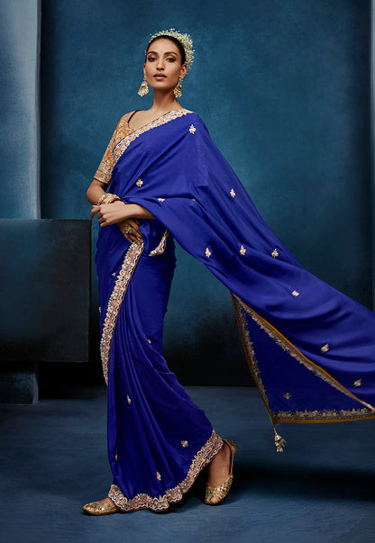 Monjolika Fashion Royal Blue Fancy Fabric Embroidered Saree With Stitched Blouse