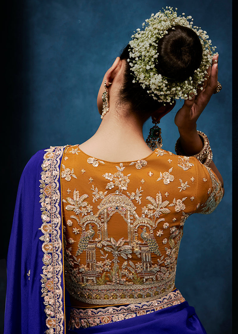 Monjolika Fashion Royal Blue Fancy Fabric Embroidered Saree With Stitched Blouse