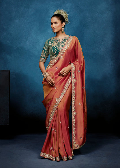 Monjolika Fashion Rust Fancy Fabric Embroidered Saree With Stitched Blouse