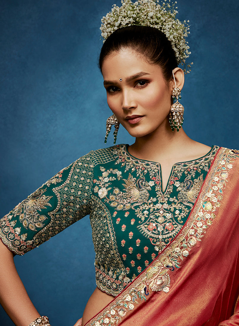 Monjolika Fashion Rust Fancy Fabric Embroidered Saree With Stitched Blouse