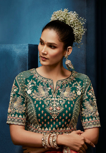 Monjolika Fashion Rust Fancy Fabric Embroidered Saree With Stitched Blouse