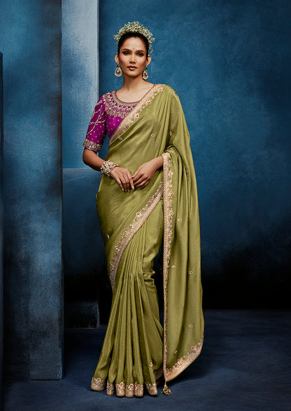 Monjolika Fashion Light Green Fancy Fabric Embroidered Saree With Stitched Blouse