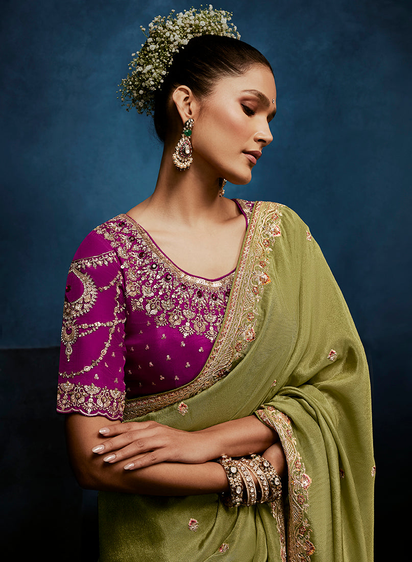 Monjolika Fashion Light Green Fancy Fabric Embroidered Saree With Stitched Blouse