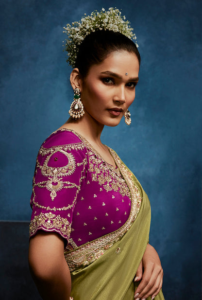 Monjolika Fashion Light Green Fancy Fabric Embroidered Saree With Stitched Blouse