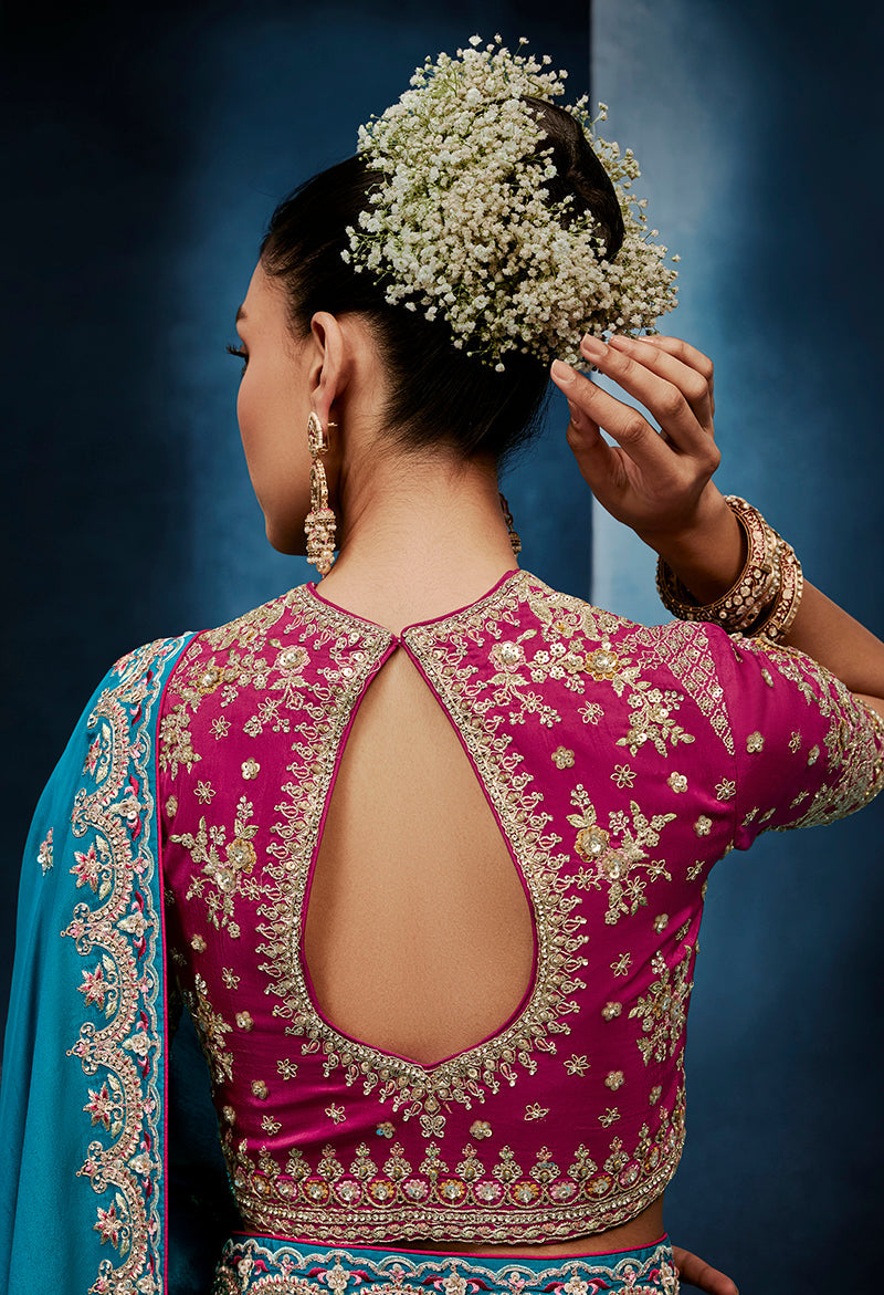 Monjolika Fashion Aqua Blue Fancy Fabric Embroidered Saree With Stitched Blouse