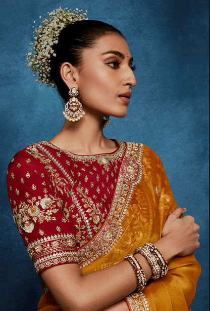 Monjolika Fashion Orange Fancy Fabric Embroidered Saree With Stitched Blouse