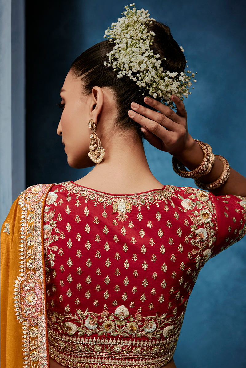 Monjolika Fashion Orange Fancy Fabric Embroidered Saree With Stitched Blouse