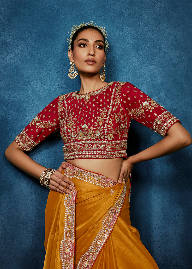 Monjolika Fashion Orange Fancy Fabric Embroidered Saree With Stitched Blouse