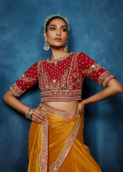 Monjolika Fashion Orange Fancy Fabric Embroidered Saree With Stitched Blouse