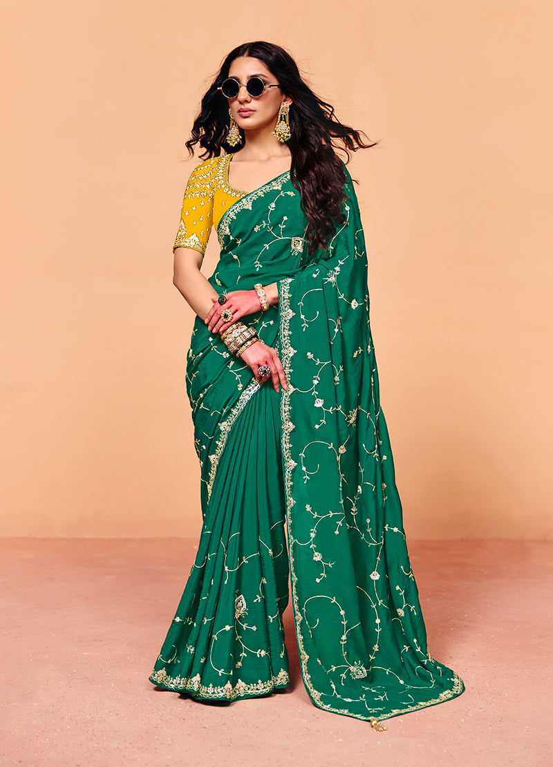 Monjolika Fashion Teal Green Faux Organza Satin Saree With Embroidery