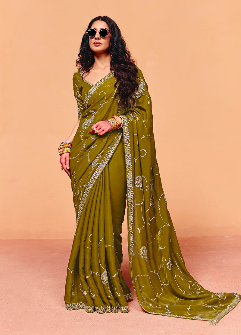 Monjolika Fashion Olive Green Faux Organza Satin Saree With Embroidery