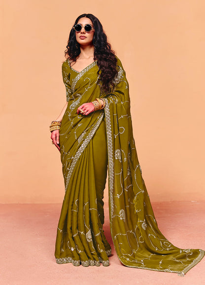 Monjolika Fashion Olive Green Faux Organza Satin Saree With Embroidery