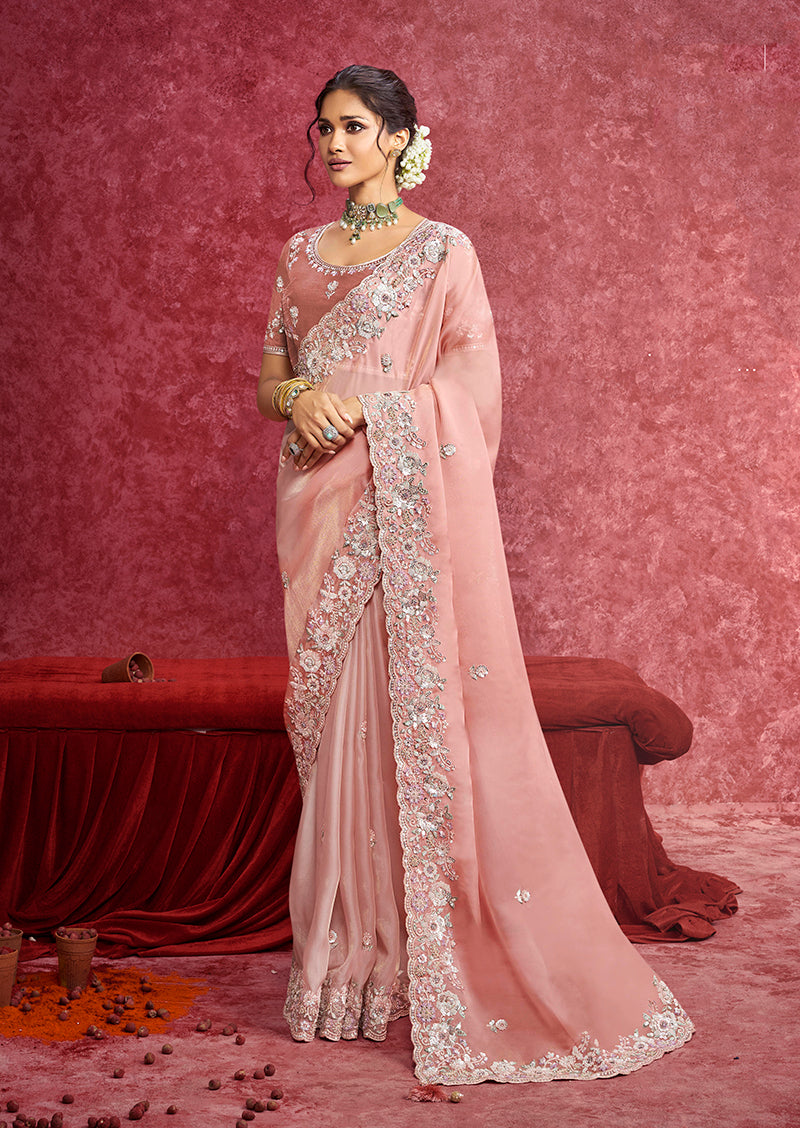 Monjolika Fashion Peach Satin Silk Embroidered Work Saree