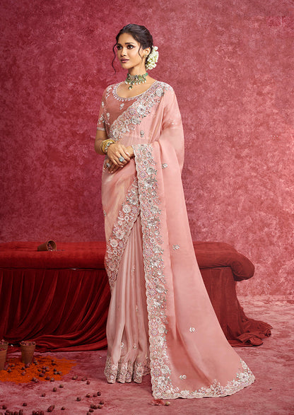 Monjolika Fashion Peach Satin Silk Embroidered Work Saree