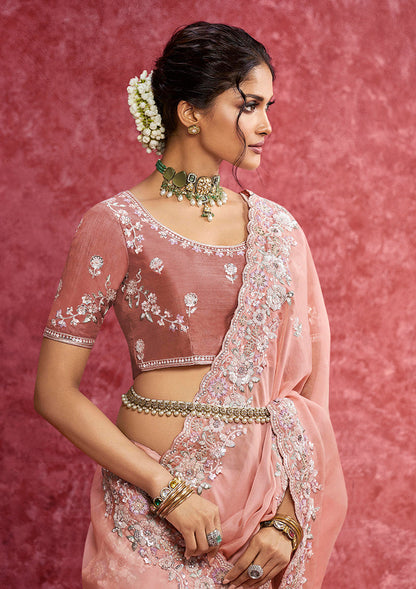 Monjolika Fashion Peach Satin Silk Embroidered Work Saree