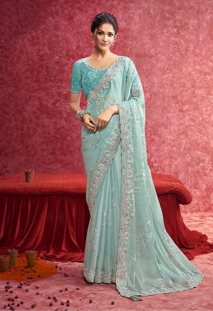 Monjolika Fashion Sky Blue Satin Silk Embroidered Work Saree