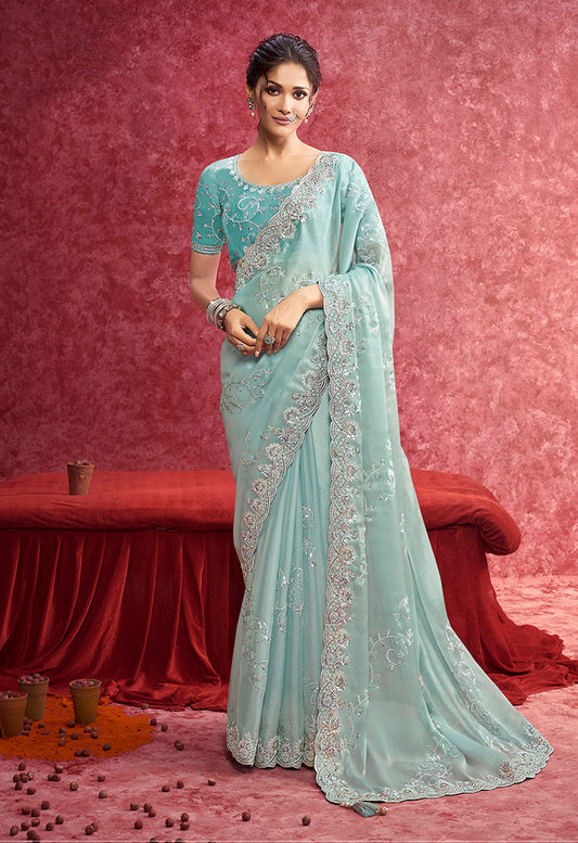 Monjolika Fashion Sky Blue Satin Silk Embroidered Work Saree