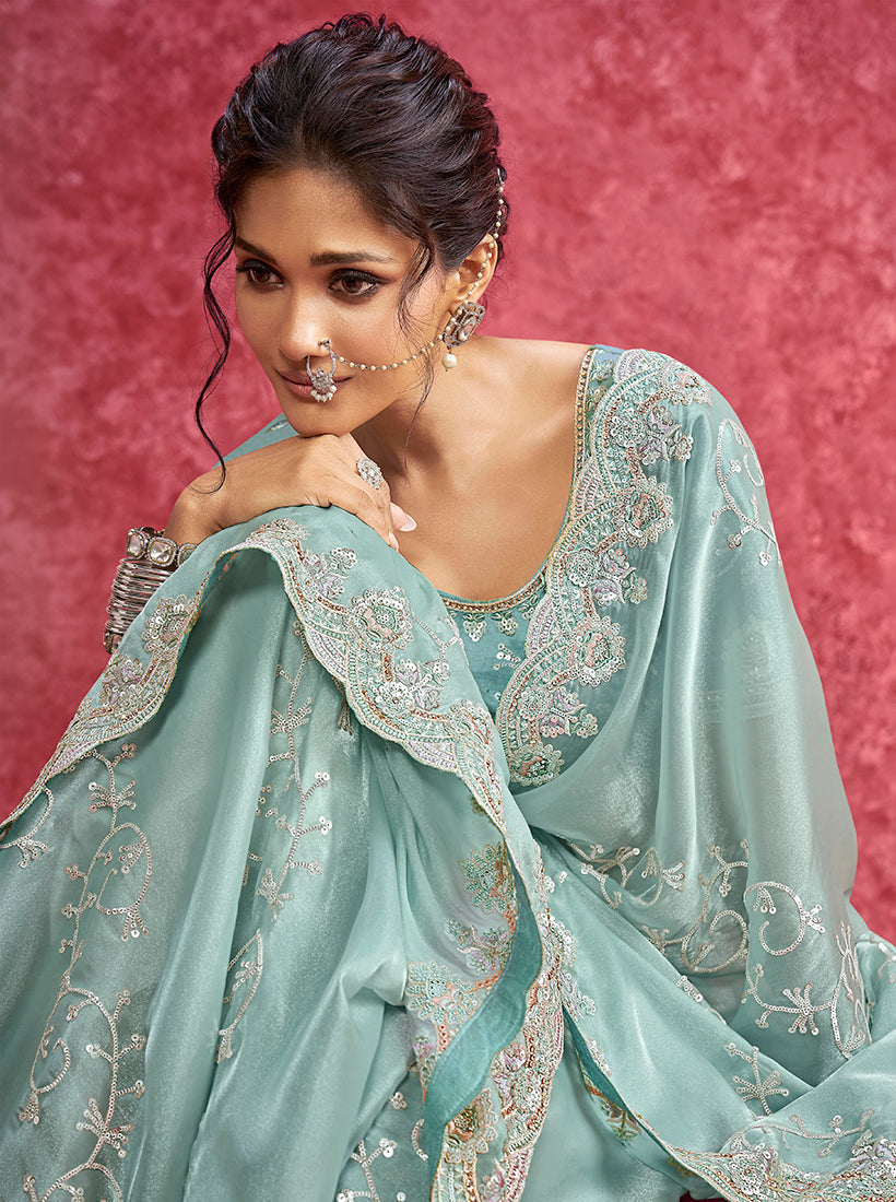 Monjolika Fashion Sky Blue Satin Silk Embroidered Work Saree