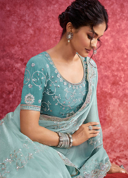 Monjolika Fashion Sky Blue Satin Silk Embroidered Work Saree