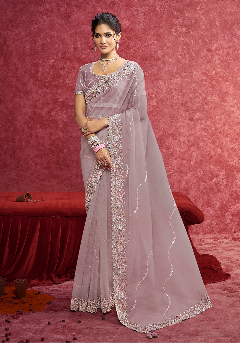 Monjolika Fashion Lavender Crush Silk Blend Embroidered Work Saree