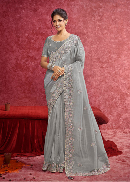 Monjolika Fashion Grey Silk Blend Embroidered Work Saree