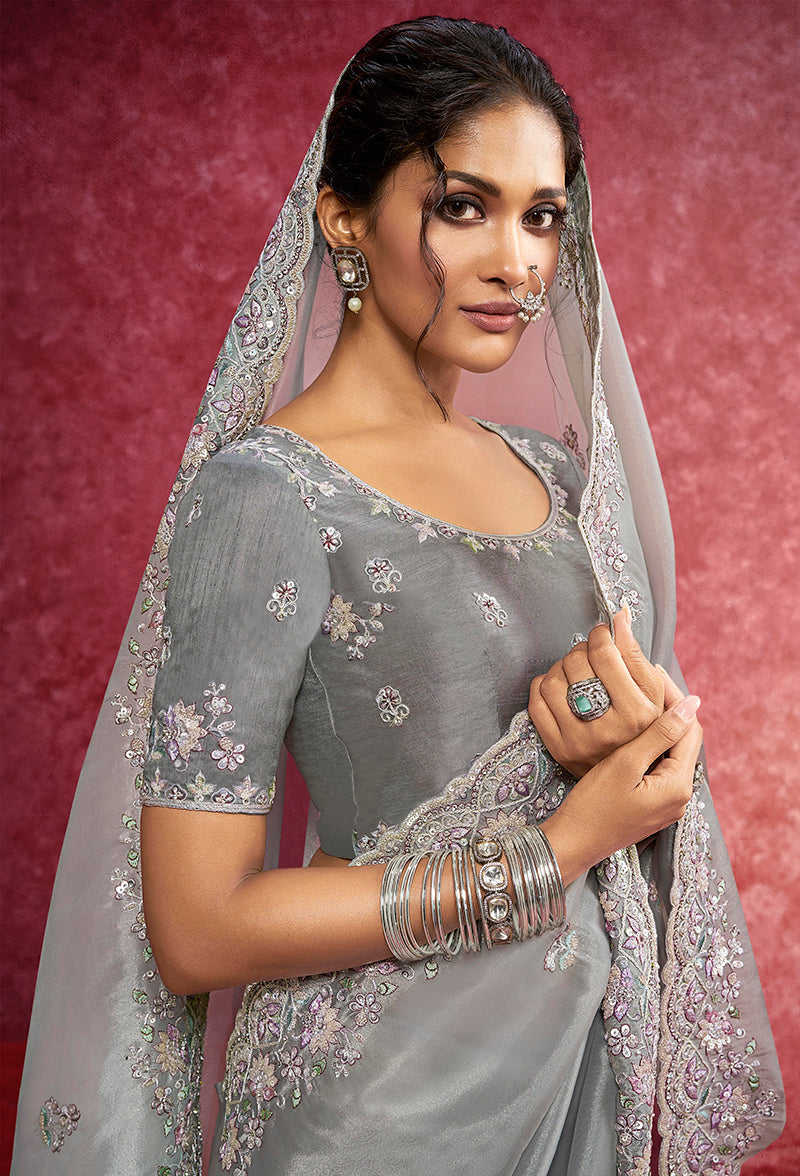 Monjolika Fashion Grey Silk Blend Embroidered Work Saree