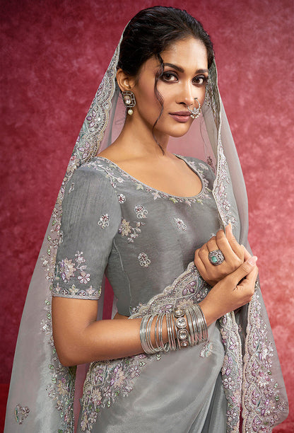 Monjolika Fashion Grey Silk Blend Embroidered Work Saree