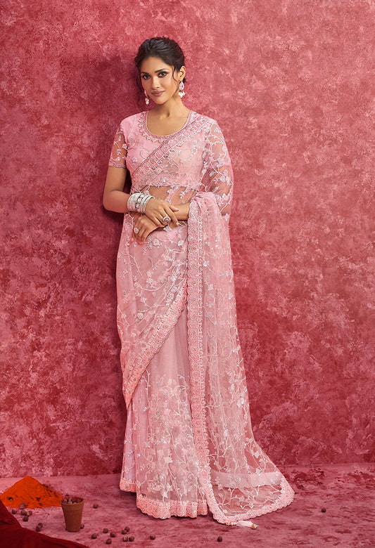 Monjolika Fashion Pink Net Embroidered Work Saree