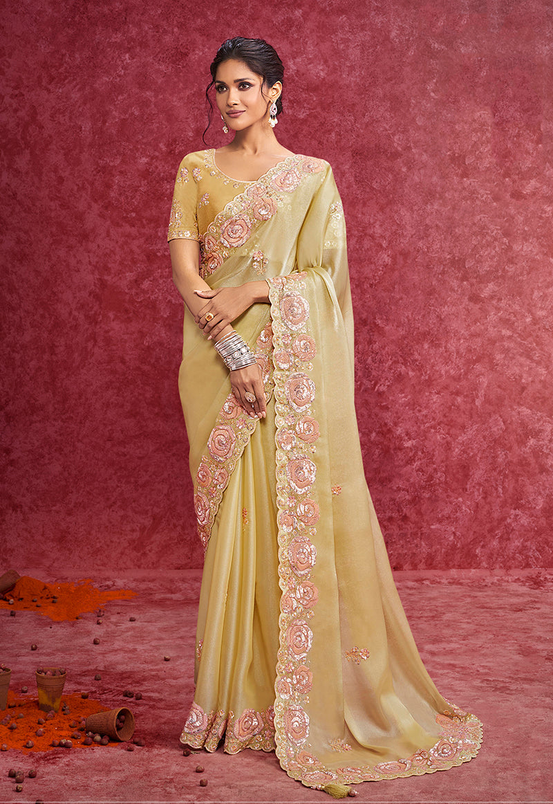 Monjolika Fashion Pastel Yellow Satin Silk Embroidered Work Saree