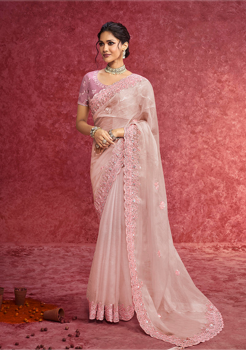 Monjolika Fashion Baby Pink Faux Tissue Embroidered Work Saree
