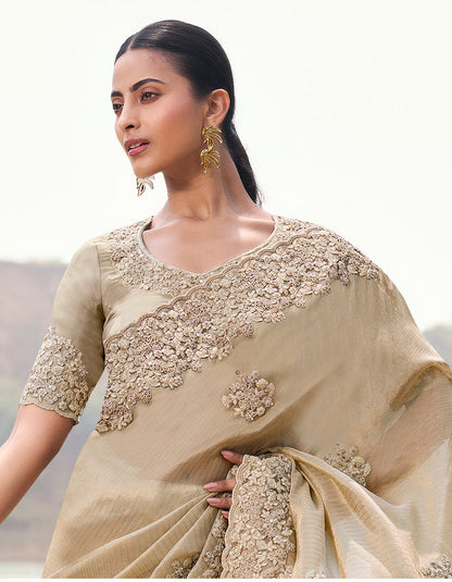 Monjolika Fashion Beige Embroidered Woven Faux Tissue Silk Saree