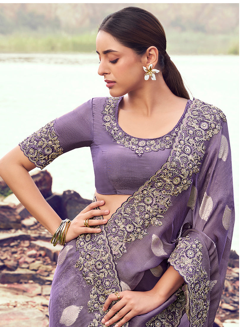 Monjolika Fashion Lavender Purple Embroidered Woven Faux Tissue Silk Saree