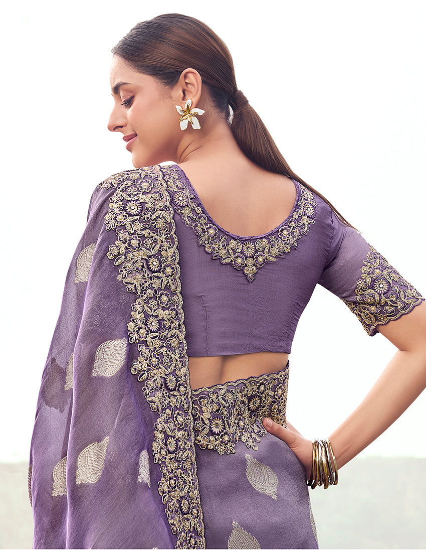 Monjolika Fashion Lavender Purple Embroidered Woven Faux Tissue Silk Saree