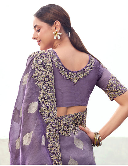 Monjolika Fashion Lavender Purple Embroidered Woven Faux Tissue Silk Saree