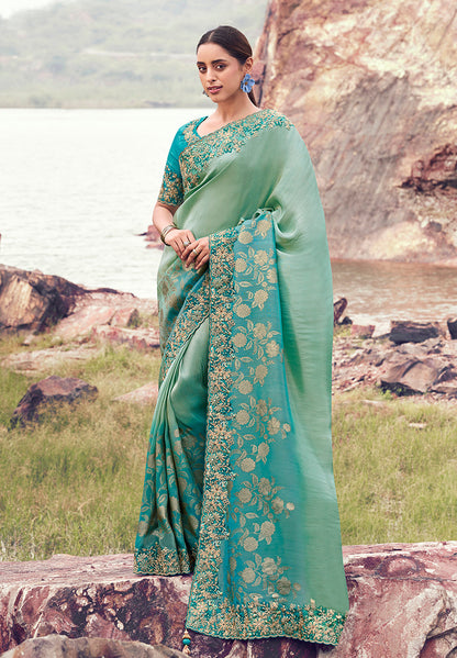 Monjolika Fashion Sea Green & Aqua Blue Embroidered Woven Faux Tissue Silk Saree
