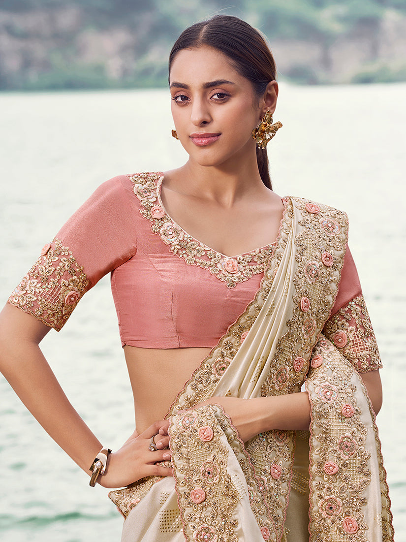 Monjolika Fashion Off White Embroidered Satin Silk Saree