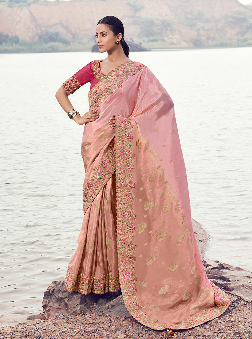 Monjolika Fashion Pink Embroidered Woven Faux Tissue Silk Saree