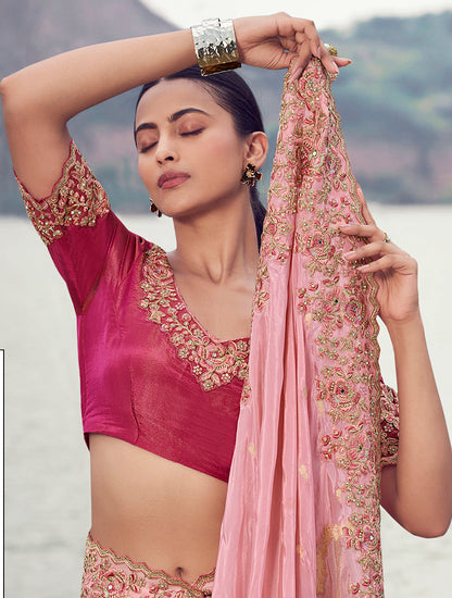 Monjolika Fashion Pink Embroidered Woven Faux Tissue Silk Saree