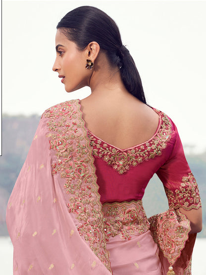 Monjolika Fashion Pink Embroidered Woven Faux Tissue Silk Saree
